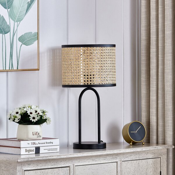 Lindby stolna lampa Yaelle, 50 cm visoka, ratan, crna, E27, Drvo, Dnevni boravak/blagovaonica, Drvo