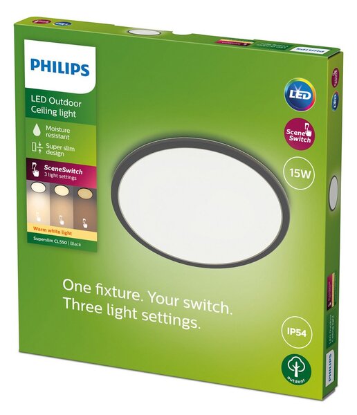 Philips SuperSlim LED IP54 Ø 25 cm 2700K crna, prigušiva, Crno, kupaonica, Metal