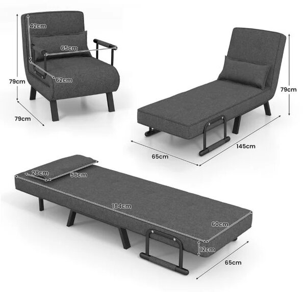 Sofa na razvlačenje, preklopna stolica, odmaralnik s 5 pozicija, tamnosiva