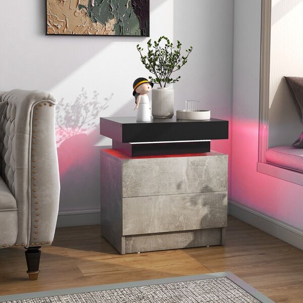 Noćni ormarić s LED svjetlima i 2 ladice, noćni ormarić dim. 45 x 35 x 52 cm, siva