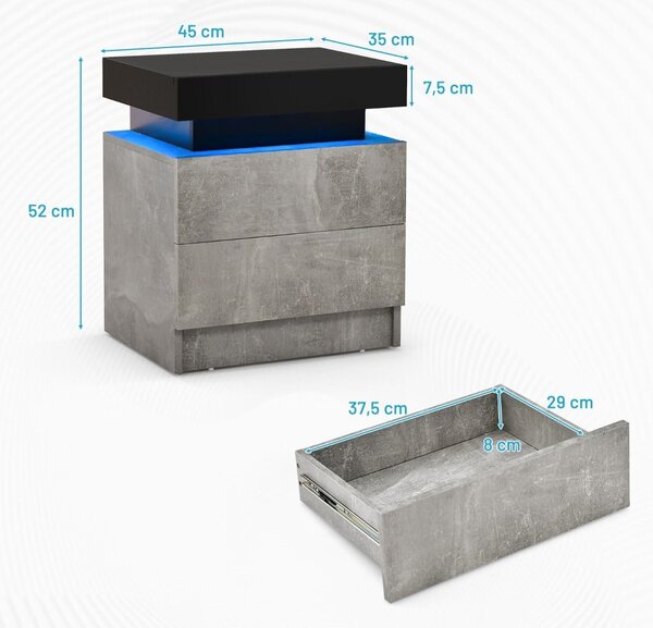 Noćni ormarić s LED svjetlima i 2 ladice, noćni ormarić dim. 45 x 35 x 52 cm, siva
