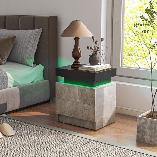 Noćni ormarić s LED svjetlima i 2 ladice, noćni ormarić dim. 45 x 35 x 52 cm, siva