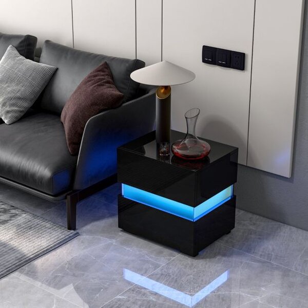 LED noćna ormarić s 2 ladice, daljinskim upravljačem, crna