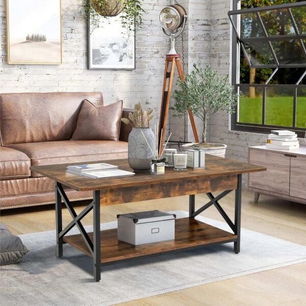 Klub stolić s policom i metalnim okvirom u obliku slova X, smeđa