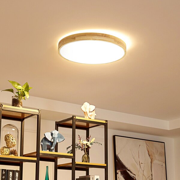 Lindby Smart LED stropna svjetiljka Innes drvo Ø51cm RGB CCT Tuya, prigušiva, Drvo, Dnevni boravak/blagovaonica, Drvo