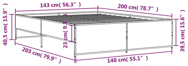 Okvir kreveta boja hrasta 140x200cm konstruirano drvo i metal - Siva / 140 x 200 cm