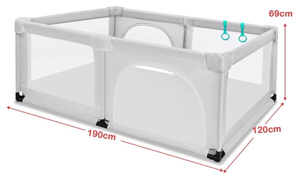 Dječja ogradica 120 X 190 cm s 50 igraćih lopticama, ogradica s mrežom i patentnim zatvaračem, siva