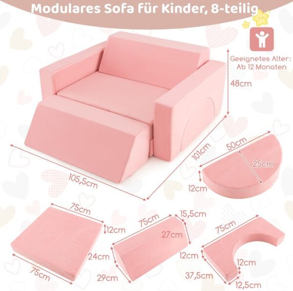 Dječji kauč, modularni kauč, dječja sofa s izmjenjivim pokrivačem, dim. 105,5 x 101 x 48 cm, ružičasta
