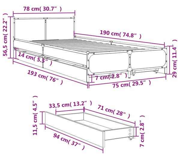 Okvir kreveta s ladicama crni 75 x 190 cm konstruirano drvo - Crna / 75 x 190 cm
