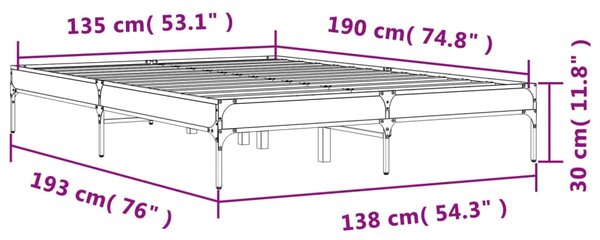 Okvir kreveta boja hrasta 135x190cm konstruirano drvo i metal - Siva / 135 x 190 cm