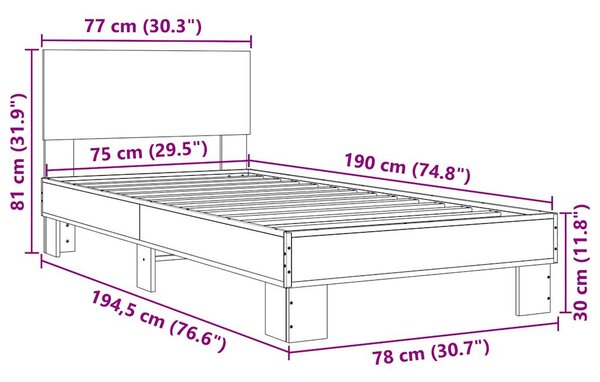 Okvir kreveta boja hrasta 75 x 190 cm konstruirano drvo i metal - Smeđa / 75 x 190 cm