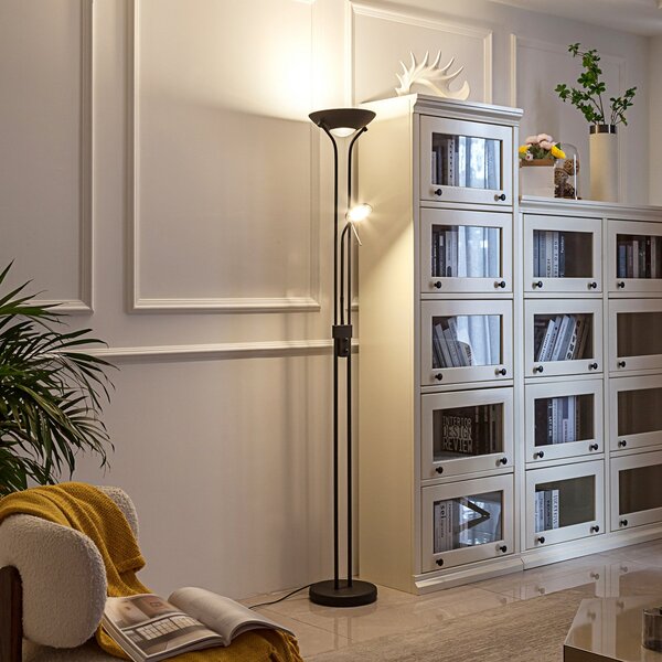 Lindby LED podna lampa Josefin, crna, svjetlo za čitanje, prigušivanje, prigušiva, Crno, Dnevni boravak/blagovaonica, Metal, Svjetlo za čitanje