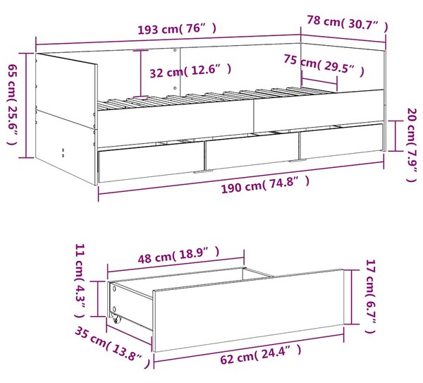 Dnevni krevet s ladicama bez madraca bijeli 75x190 cm - Bijela / 75 x 190 cm