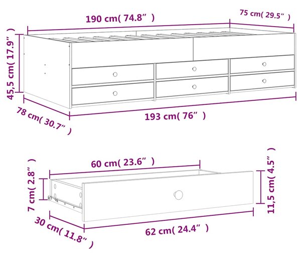 Dnevni krevet s ladicama bez madraca siva boja betona 75x190 cm - Siva / 75 x 190 cm