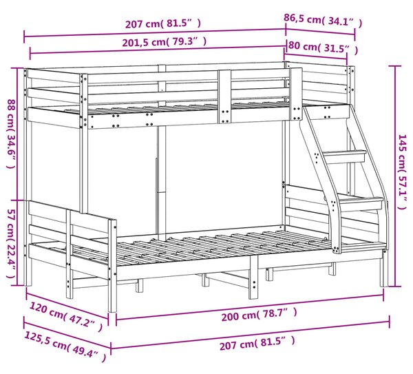 Krevet na kat 80x200/120x200 cm od masivne borovine - Smeđa / N/A