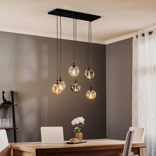 EMIBIG LIGHTING Staklena viseća svjetiljka, 6 žarulja, grafit/jantarna/prozirna, staklo, 75 cm, prigušiva, Crno, Dnevni boravak/blagovaonica, Staklo