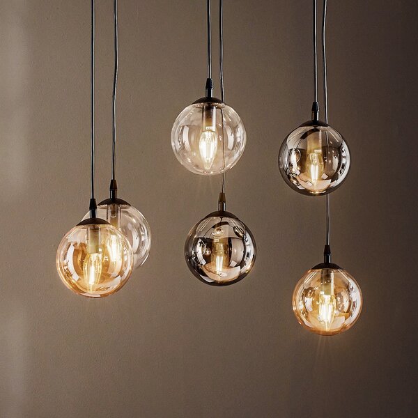EMIBIG LIGHTING Staklena viseća svjetiljka, 6 žarulja, grafit/jantarna/prozirna, staklo, 75 cm, prigušiva, Crno, Dnevni boravak/blagovaonica, Staklo