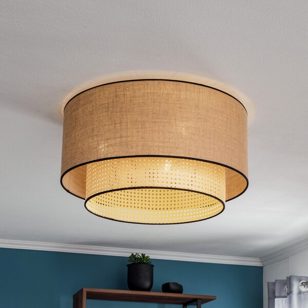 Duolla Boho stropna svjetiljka, smeđa/drvo/crna, Ø 60 cm, tkanina/ratan, prigušiva, Smeđa / hrđa, Dnevni boravak/blagovaonica, Tkanina / tekstil
