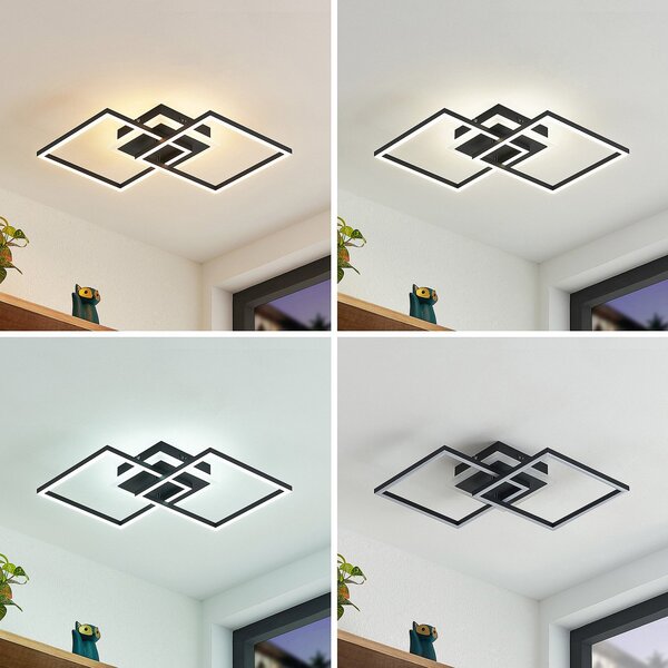 Lindby LED stropna svjetiljka Fjardo, četvrtasta, crna, CCT, daljinsko, prigušiva, Crno, Dnevni boravak/blagovaonica, Metal