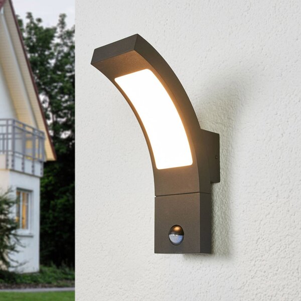 Lucande LED vanjska zidna svjetiljka Juvia, senzor, 27 cm, siva, IP54, Crno, Metal