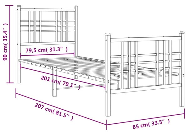 Metalni okvir kreveta uzglavlje i podnožje bijeli 80x200 cm - Bijela / 80 x 200 cm
