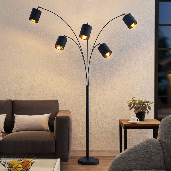 Lindby podna lampa Abiram, crna/zlatna, tekstil, 70cm, Crno, Dnevni boravak/blagovaonica, Metal, Stani luk