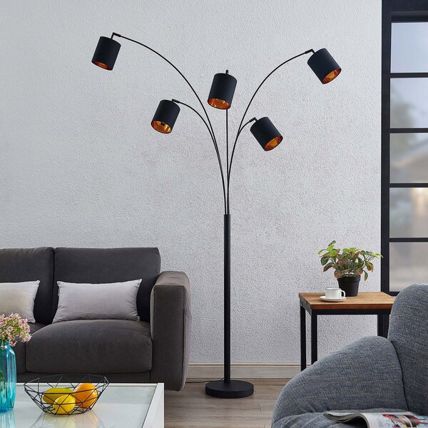Lindby podna lampa Abiram, crna/zlatna, tekstil, 70cm, Crno, Dnevni boravak/blagovaonica, Metal, Stani luk
