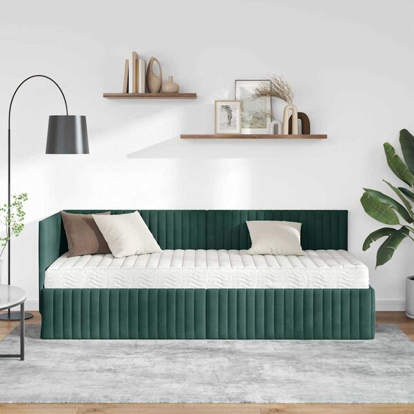 Kutni krevetni okvir s madracem 2 pcs Zelena Baršun - Crna / 80 x 200 cm