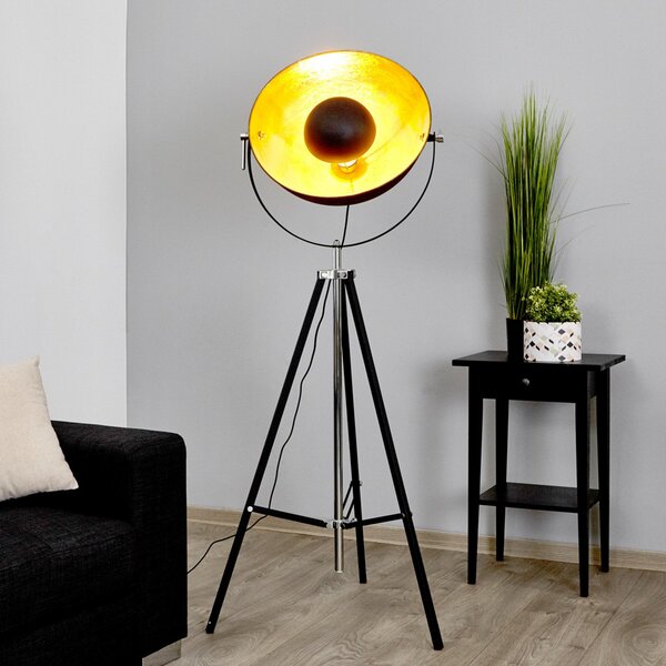 Lindby podna lampa Mineva. crna/zlatna, metal, visina 180 cm, Crno, Dnevni boravak/blagovaonica, Metal