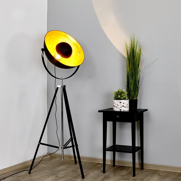 Lindby podna lampa Mineva. crna/zlatna, metal, visina 180 cm, Crno, Dnevni boravak/blagovaonica, Metal