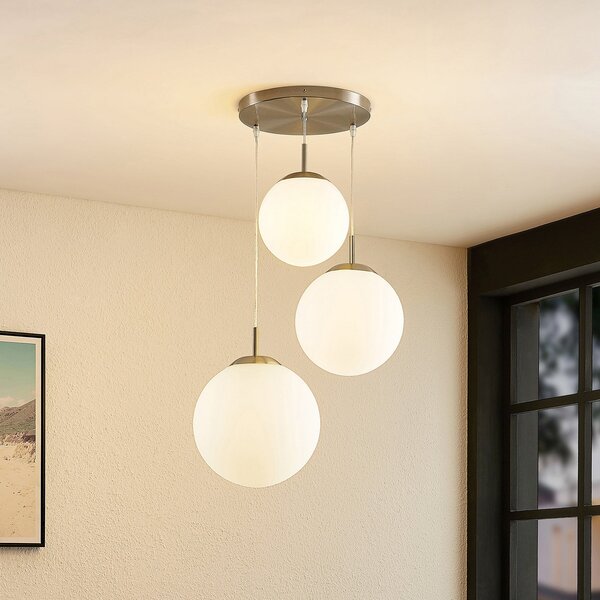 Lindby viseća lampa Heleska, bijela, staklo, 3 žarulje, Ø 47cm, prigušiva, Bijela, Dnevni boravak/blagovaonica, Staklo