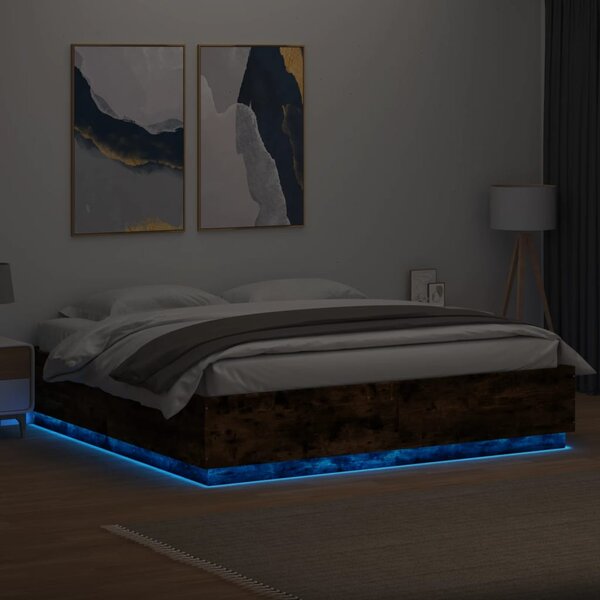 Okvir kreveta s LED svjetlima boja hrasta 200 x 200 cm drveni - Smeđa / 200 x 200 cm