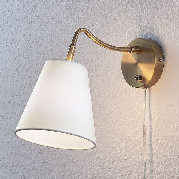 Lindby zidna lampa Ethan, bijela/antique mesing, utikač, 28 cm, E14, Zlato / mjed, Dnevni boravak/blagovaonica, Tkanina / tekstil
