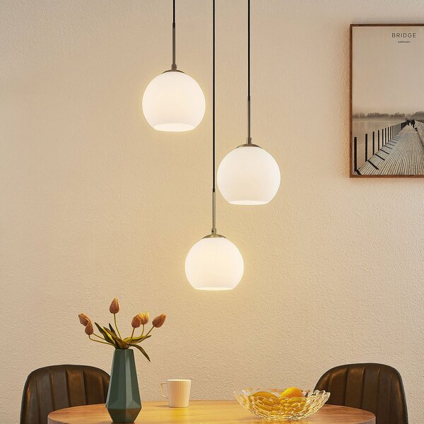 Lindby viseća lampa Jurian, Ø 32 cm, 3 žarulje, nikal/opal, staklo, prigušiva, Bijela, Dnevni boravak/blagovaonica, Staklo