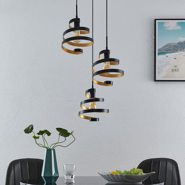 Lindby Colten viseća lampa, Ø 50 cm, 3 žarulje, crna, zlatna, prigušiva, Crno, Dnevni boravak/blagovaonica, Metal