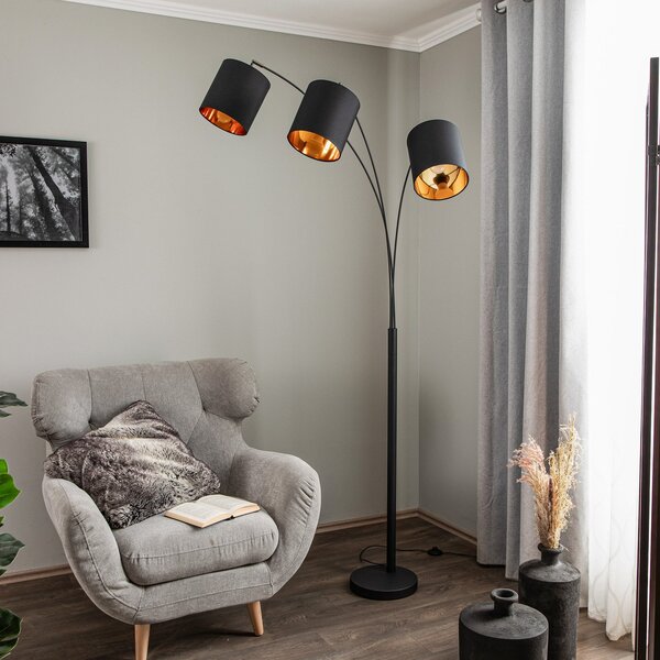 Lindby podna lampa Nanika, crna/zlatna, 202 cm, E27, 3 žarulje