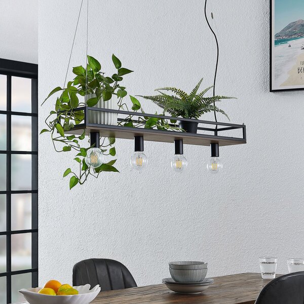 Lindby Kirista viseća lampa, 4 žarulje, crna/drvo, 100 cm, E27, prigušiva, Crno, Dnevni boravak/blagovaonica, Metal