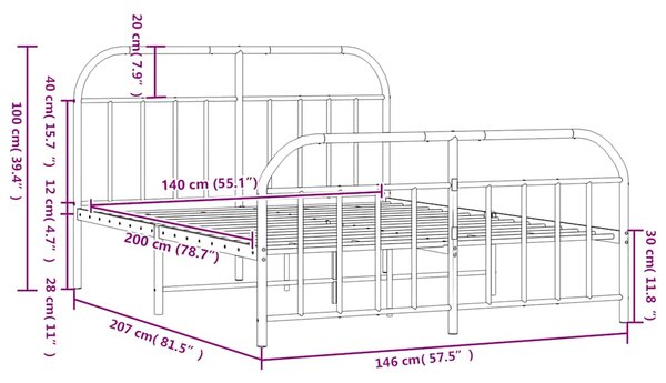Metalni okvir kreveta uzglavlje i podnožje crni 140x200 cm - Crna / 140 x 200 cm