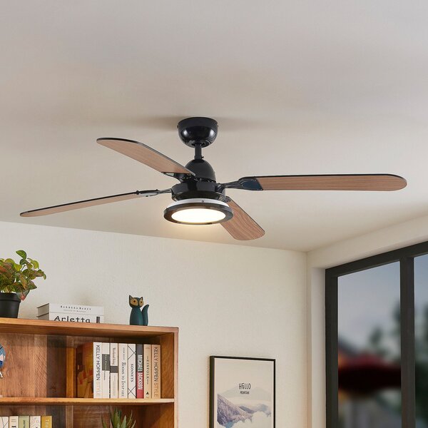 Lucande Tedric LED stropni ventilator, crni, tih, 133 cm, Crno, Dnevni boravak/blagovaonica, Metal