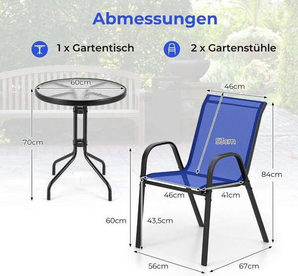 3-dijelni set balkonskog namještaja, bistro stol s 2 složive stolice, bistro set, balkonski set, vrtni set, plava