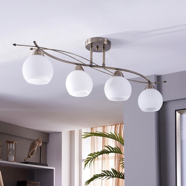 Lindby stropna lampa Leanda, 80 cm, četiri žarulje, metal, staklo, prigušiva, Bronca / stari mesing, Dnevni boravak/blagovaonica, Staklo