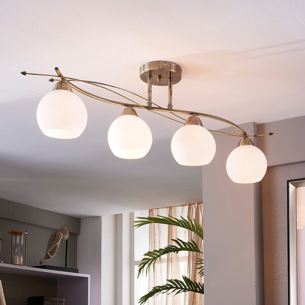 Lindby stropna lampa Leanda, 80 cm, četiri žarulje, metal, staklo, prigušiva, Bronca / stari mesing, Dnevni boravak/blagovaonica, Staklo