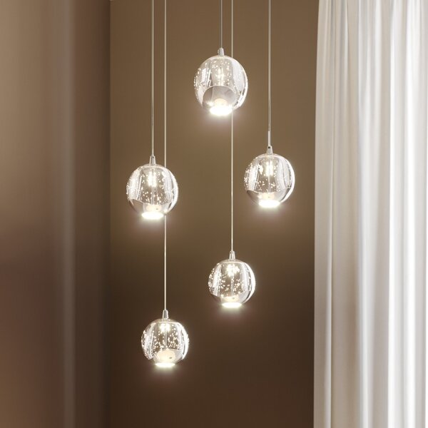 Lucande LED visilica Hayley, Ø 30 cm, 5 žarulja, krom, staklo, Providna, Dnevni boravak/blagovaonica, Staklo