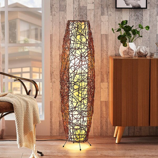 Lindby podna lampa Nias, visina 111 cm, ratan, tekstil, Smeđa / hrđa, Dnevni boravak/blagovaonica, Drvo