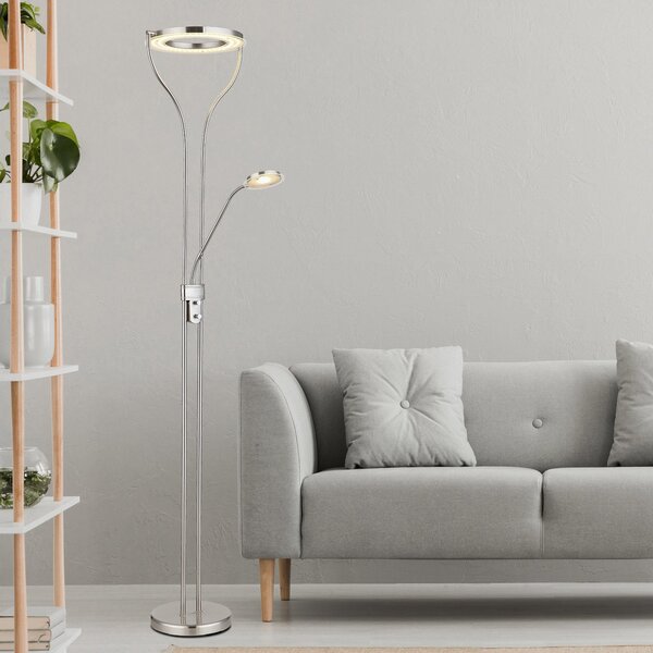 Globo Ebro LED podna lampa, visina 194 cm, boja nikla, 2 žarulje.., prigušiva, Metalik, Dnevni boravak/blagovaonica, Metal, Svjetlo za čitanje