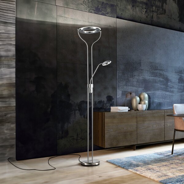 FISCHER & HONSEL Davos LED podna lampa, boje nikla, visina 180 cm, 2 žarulje, CCT, prigušiva, Metalik, Dnevni boravak/blagovaonica, Metal, Svjetlo za čitanje