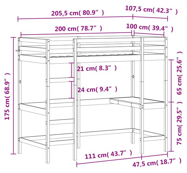 Krevet na kat s radnim stolom 100 x 200 cm od masivne borovine - Smeđa / 100 x 200 cm