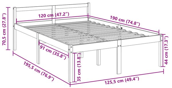 Krevet za starije osobe 120x190 cm mali bračni masivna borovina - Smeđa / 120 x 190 cm