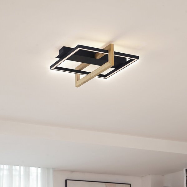 Lindby LED stropna svjetiljka Holamu, 46cm, crna, drvo, metal, Crno, Dnevni boravak/blagovaonica, Aluminij
