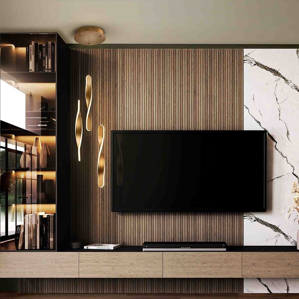 Schuller Valencia Twist LED viseća svjetiljka, 3 žarulje. Aluminij, metal, akril, zlatne boje, prigušiva, Zlato / mjed, Dnevni boravak/blagovaonica, Metal